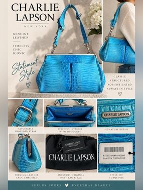 Charlie Lapson Turquoise Croc Embossed Genuine Leather Frame Shoulder Bag